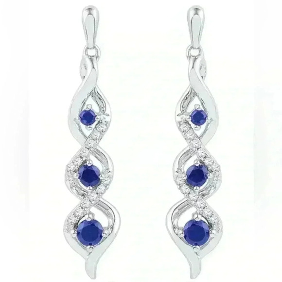 New Gorgeous Sterling Silver Blue White Sapphires Drop Earrings - Picture 1 of 3